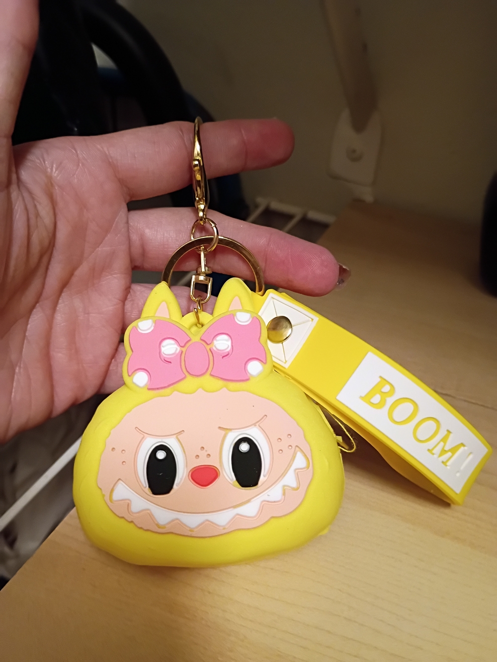 Kids Yellow Cartoon Character Keychain with Pink Bow - BOOM Strap